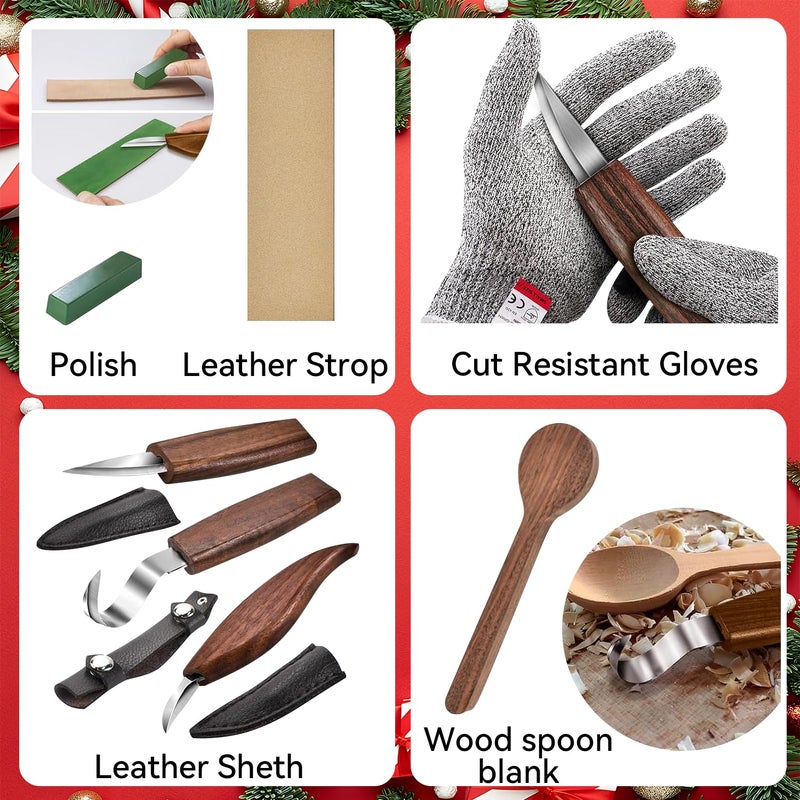 WAYCOM 12pcs Wood Whittling Kit Wood Carving Tools Set Hook Carving Knife,Detail Wood Knife,Whittling Knife Cut Resistant Gloves Leather Sheath And Bamboo Present Box For Spoon,Bowl,Cup - Image 3